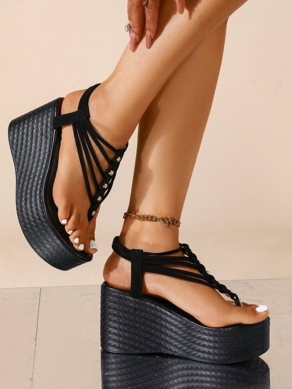Black Chic Women's Wedge Heel Beaded detailed Thong Sandals - Picture 4 of 10